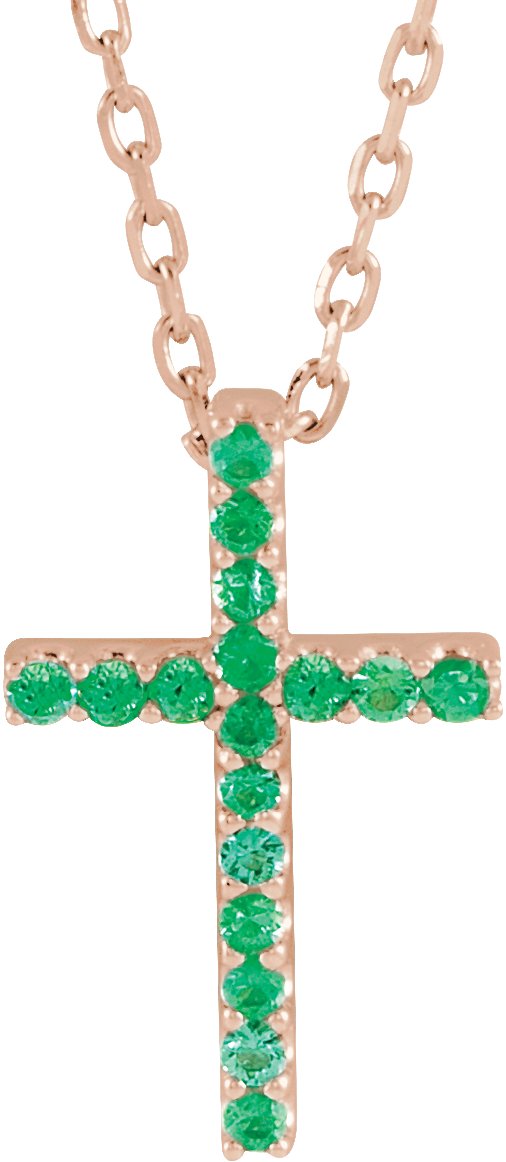 14K Rose Natural Emerald Petite Cross 16