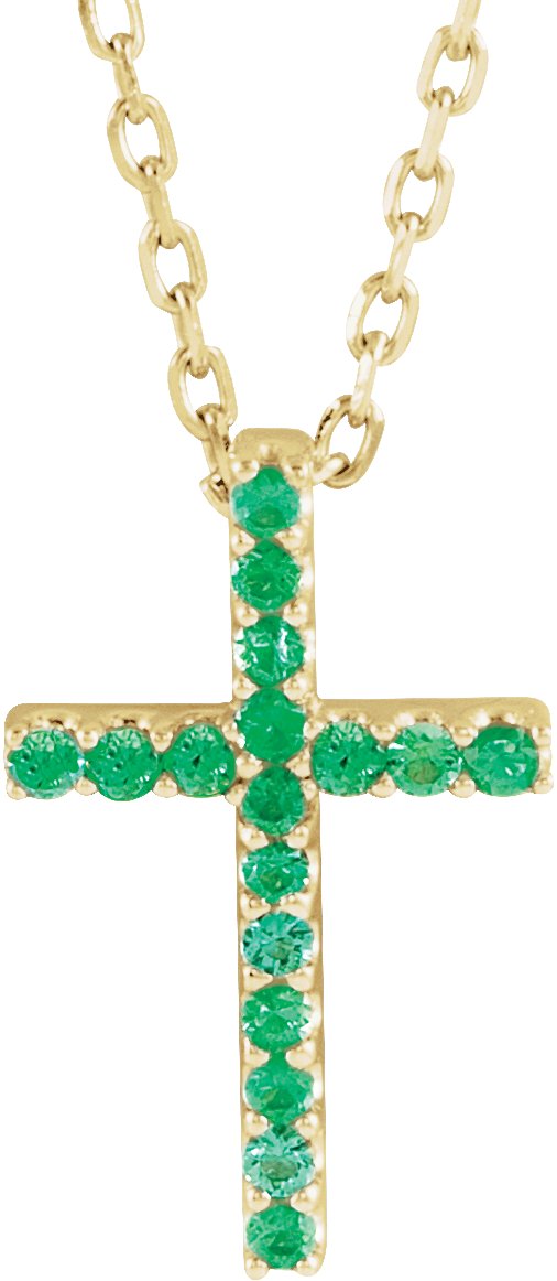 14K Yellow Natural Emerald Petite Cross 16