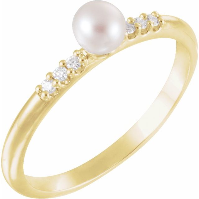 14K Yellow Cultured White Freshwater Pearl & .05 CTW Natural Diamond Ring 