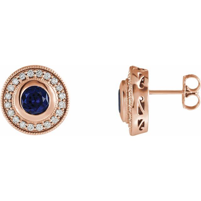14K Rose Lab-Grown Blue Sapphire & 1/3 CTW Natural Diamond Halo-Style Earrings