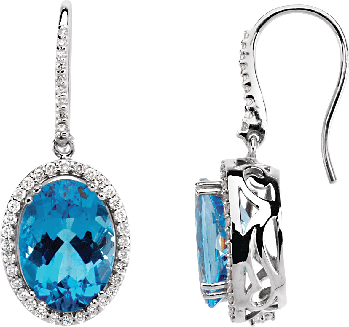14K White Natural Swiss Blue Topaz & 7/8 CTW Diamond Earrings