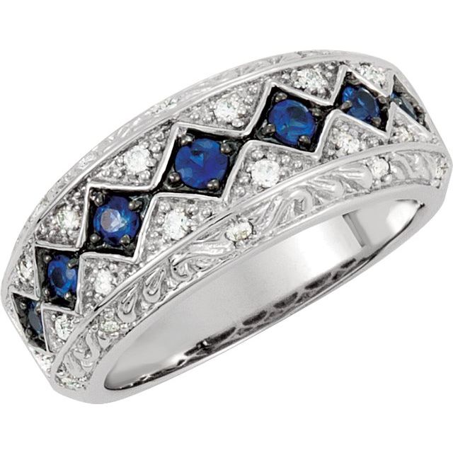 14K White Natural Blue Sapphire & 1/5 CTW Natural Diamond Ring