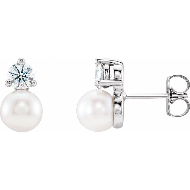 14K White Cultured White Freshwater Pearl & 1/2 CTW Natural Diamond Earrings