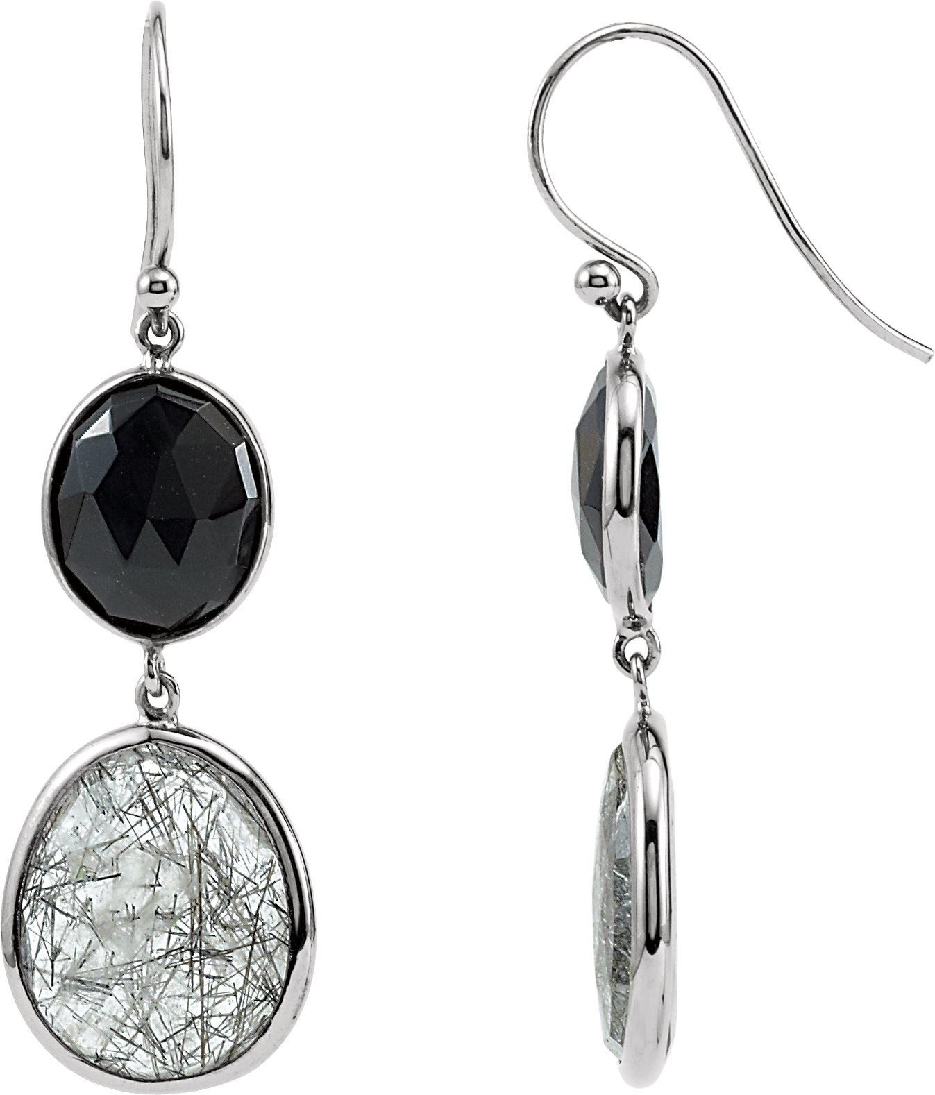 Sterling Silver Onyx & Tourmalintated Quartz Two-Stone Earrings