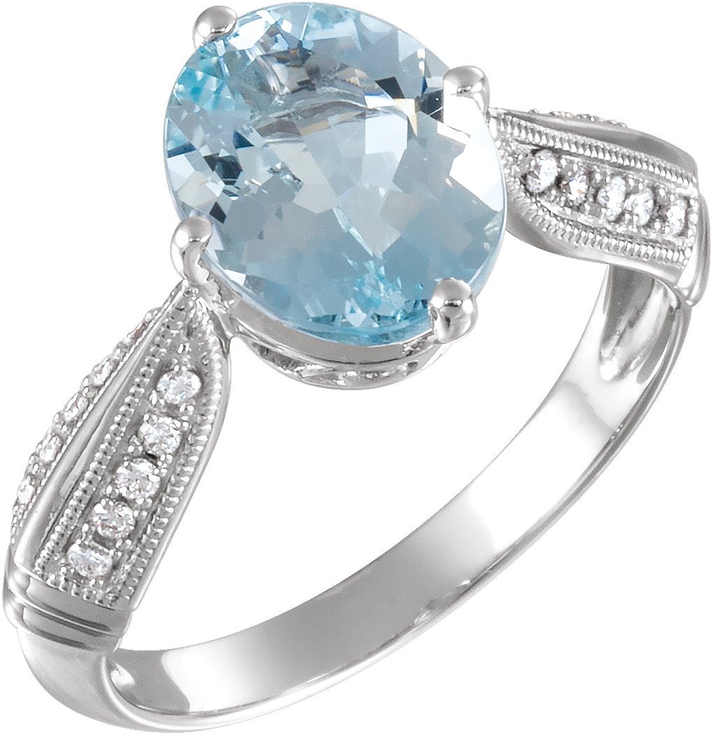 14K White Natural Aquamarine & 1/8 CTW Natural Diamond Ring