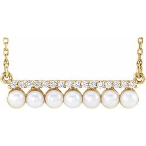 14K Yellow Cultured White Freshwater Pearl & 1/8 CTW Natural Diamond Bar 16-18" Necklace  