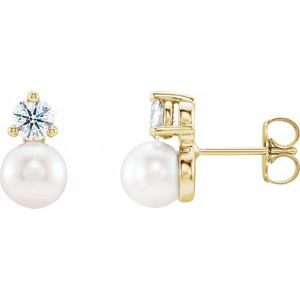 14K Yellow Cultured White Freshwater Pearl & 1/2 CTW Natural Diamond Earrings