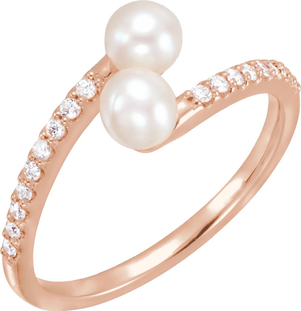 14K Rose Cultured White Freshwater Pearl & 1/6 CTW Natural Diamond Bypass Ring 