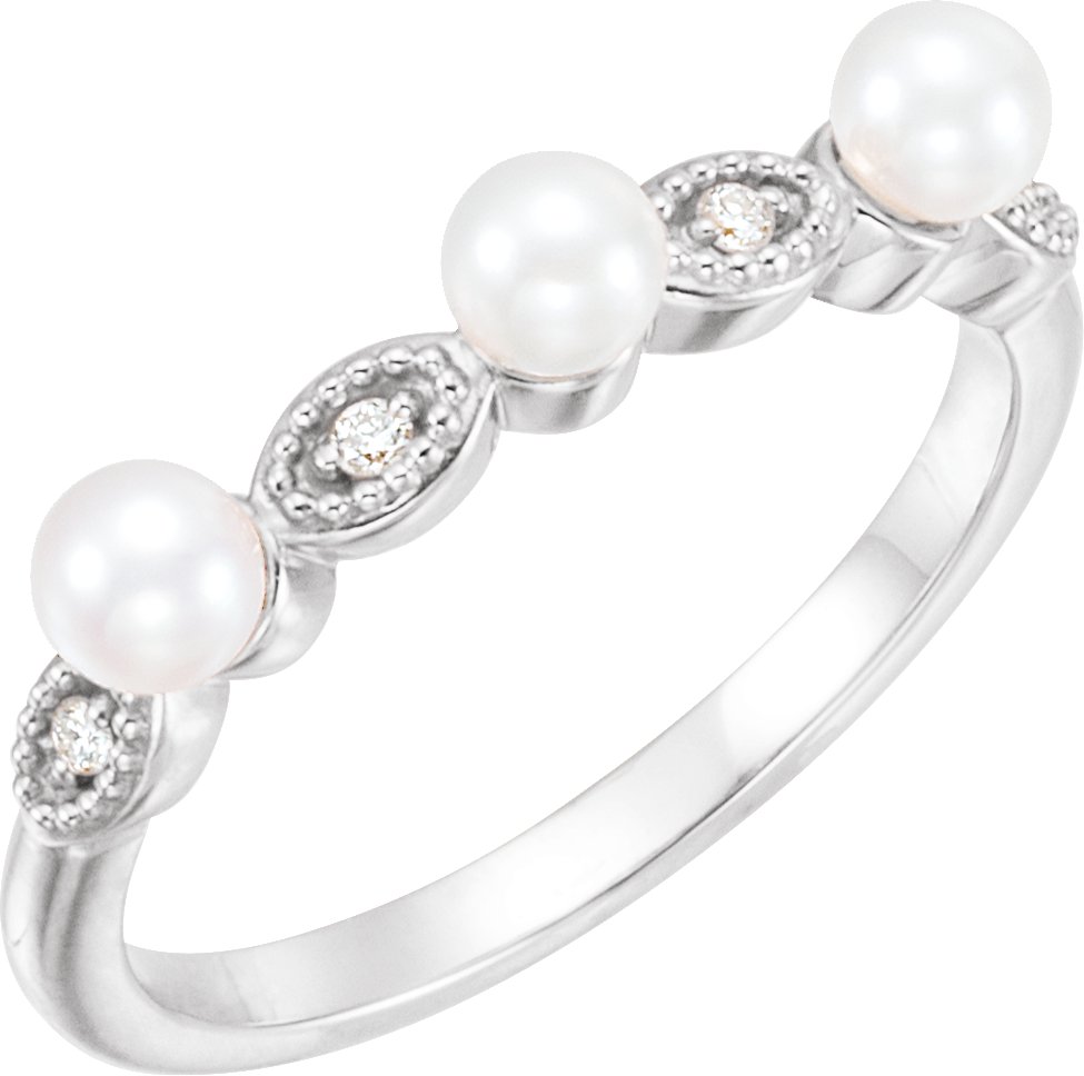14K White Cultured White Freshwater Pearl & .03 CTW  Natural Diamond Stackable Ring