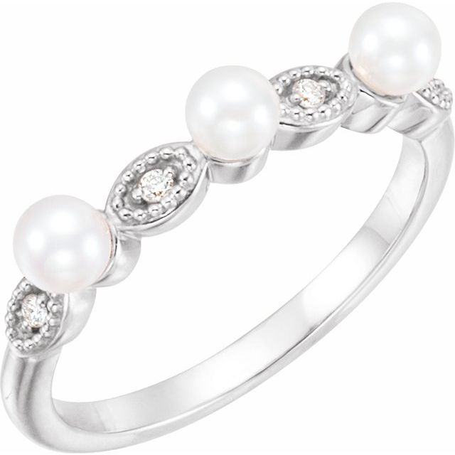 Platinum Cultured White Freshwater Pearl & .03 CTW  Natural Diamond Stackable Ring