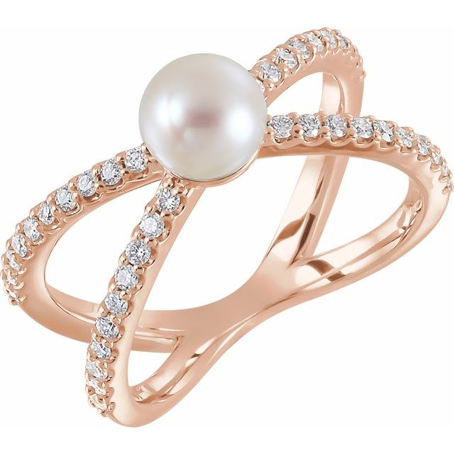 14K Rose Cultured White Freshwater Pearl & 3/8 CTW Natural Diamond Ring 