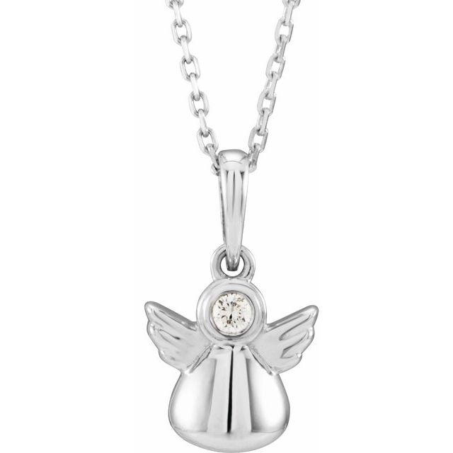 Sterling Silver .03 CT Natural Diamond Youth Angel 15" Necklace  