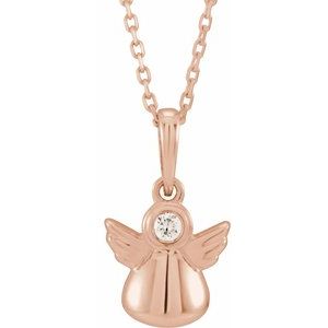 14K Rose .03 CT Natural Diamond Youth Angel 15" Necklace  