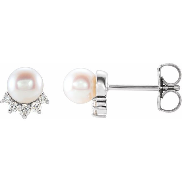 14K White Cultured White Freshwater Cultured Pearl & .08 CTW Natural Diamond Earrings   