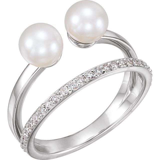 14K White Cultured White Freshwater Pearl & 1/4 CTW Natural Diamond Ring  