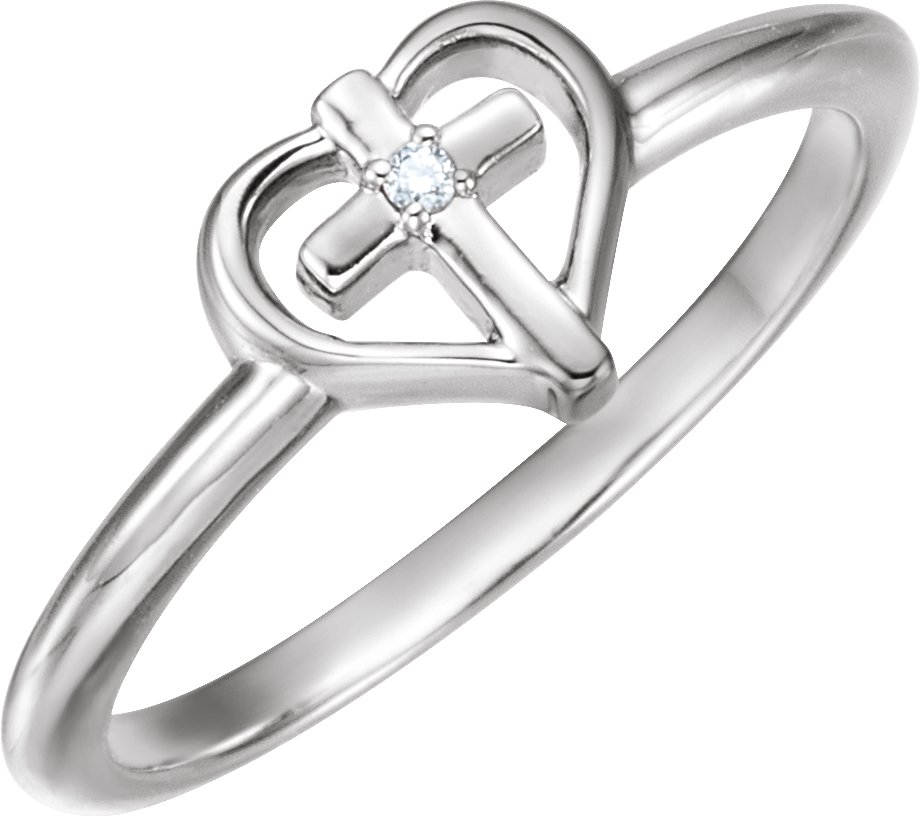 14K White .01 CT Natural Diamond Cross & Heart Ring
