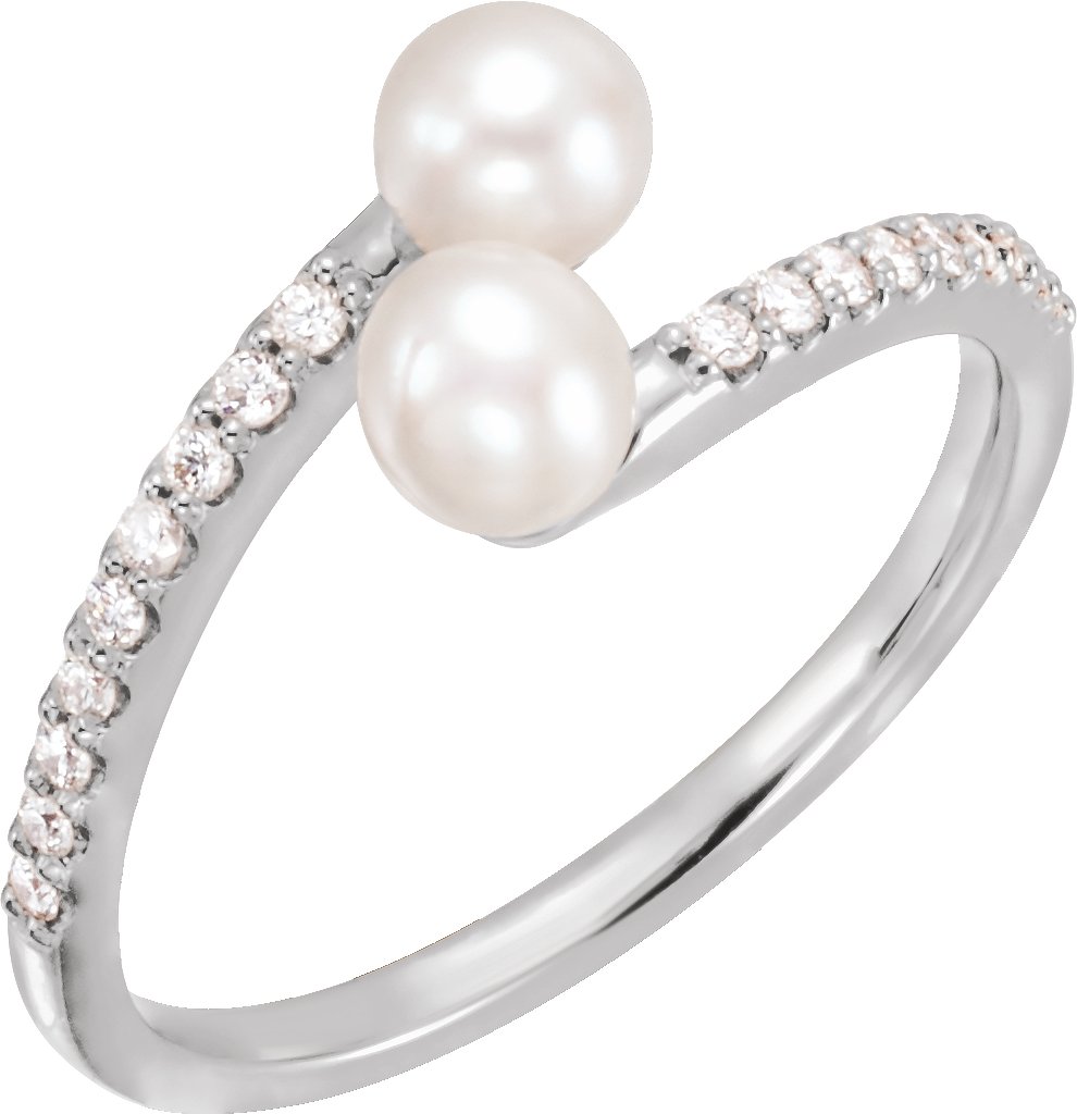 14K White Cultured White Freshwater Pearl & 1/6 CTW Natural Diamond Bypass Ring 