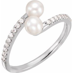 14K White Cultured White Freshwater Pearl & 1/6 CTW Natural Diamond Bypass Ring 