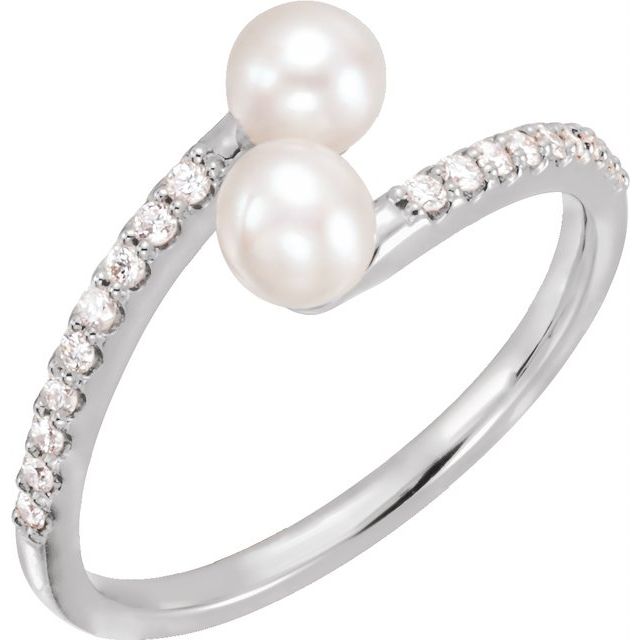 Platinum Cultured White Freshwater Pearl & 1/6 CTW Natural Diamond Bypass Ring 