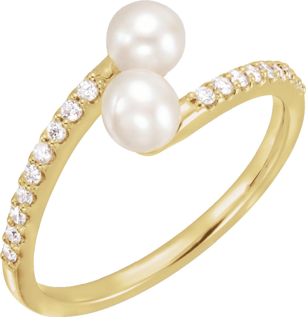 14K Yellow Cultured White Freshwater Pearl & 1/6 CTW Natural Diamond Bypass Ring 