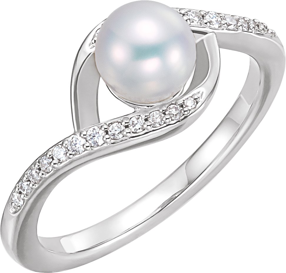 14K White Cultured White Freshwater Pearl & 1/8 CTW Natural Diamond Ring  