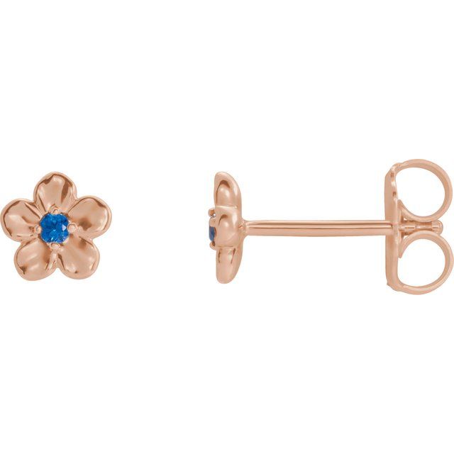 14K Rose Imitation Blue Sapphire September Birthstone Flower Earrings