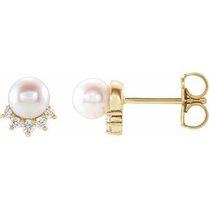 14K Yellow Cultured White Freshwater Cultured Pearl & .08 CTW Natural Diamond Earrings   