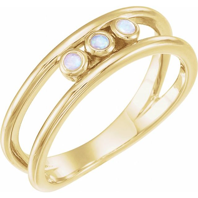 14K Yellow Natural White Opal Three-Stone Bezel-Set Ring 