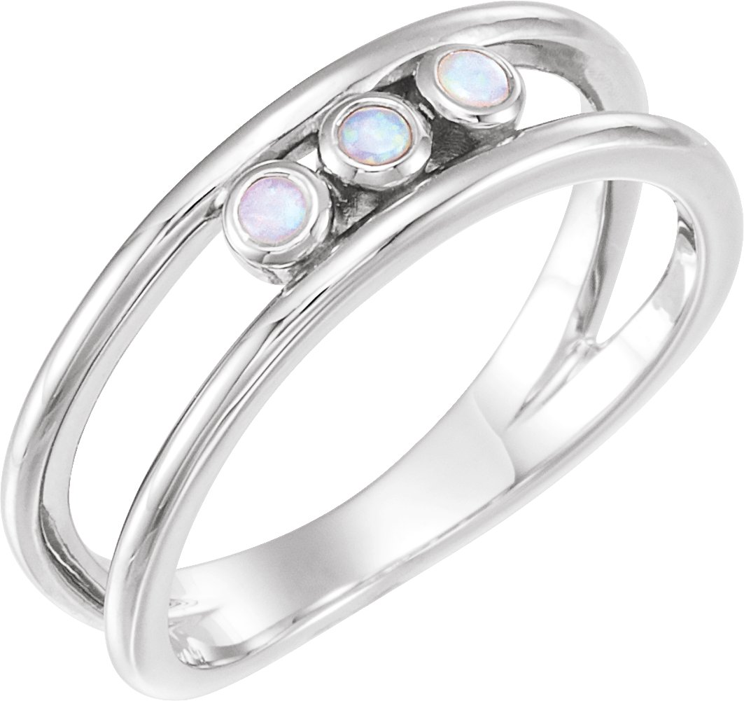 14K White Natural White Opal Three-Stone Bezel-Set Ring 