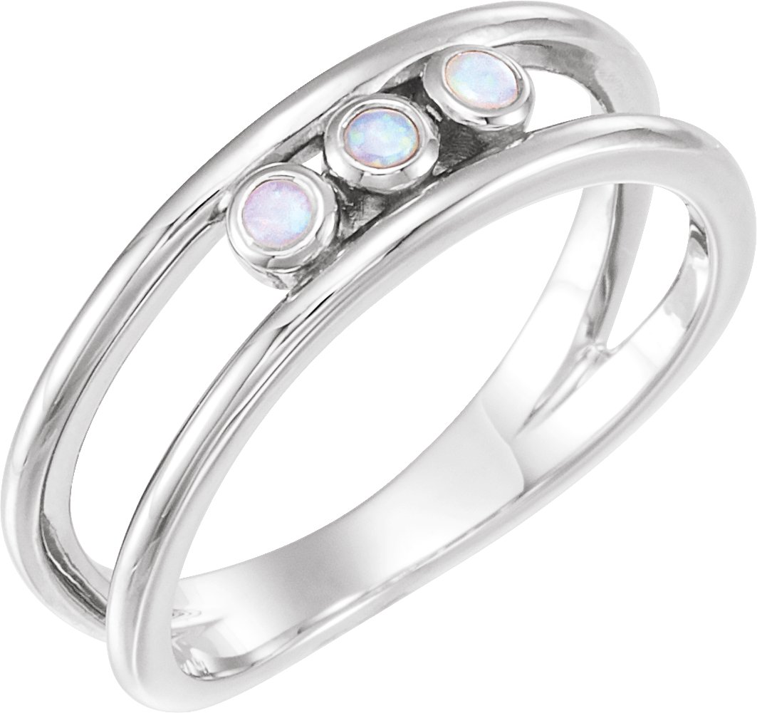 Sterling Silver Natural White Opal Three-Stone Bezel-Set Ring 