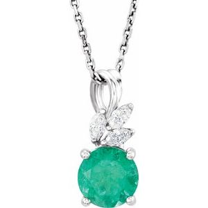 14K White Lab-Grown Emerald & 1/10 CTW Natural Diamond 16-18" Necklace