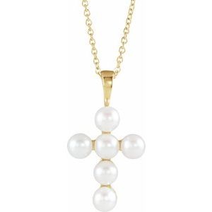 14K Yellow Cultured White Freshwater Pearl Cross 16-18" Necklace