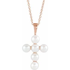 14K Rose Freshwater Cultured Pearl Cross 16-18" Necklace  