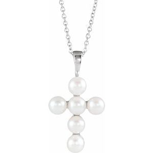 14K White Cultured White Freshwater Pearl Cross 16-18" Necklace