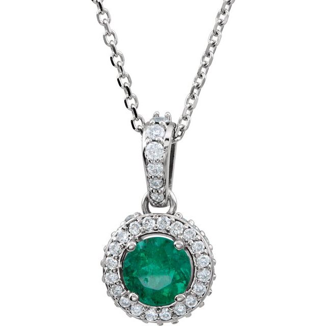 14K White Natural Emerald & 1/5 CTW Natural Diamond 18" Necklace