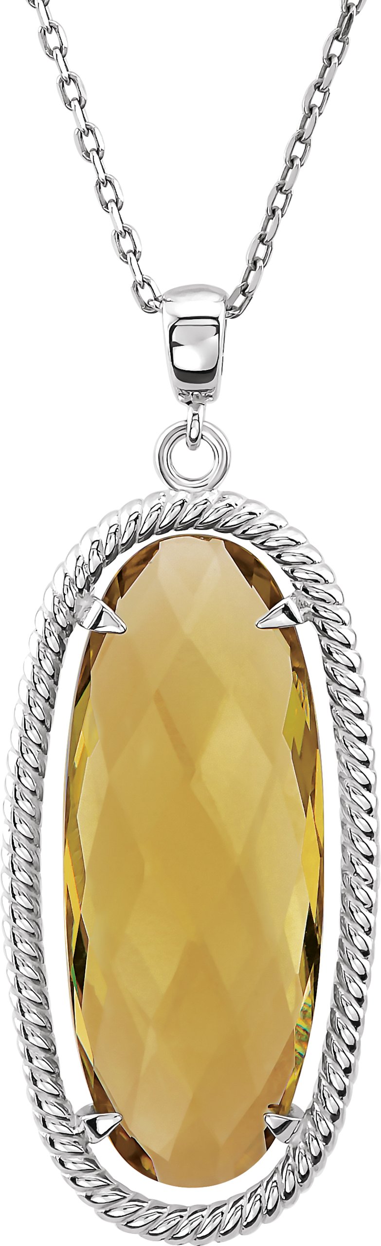 Sterling Silver 25x10 mm Oval Honey Quartz Rope 18" Necklace