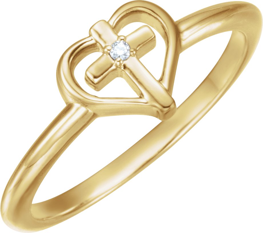 14K Yellow .01 CT Diamond Cross with Heart Ring  
