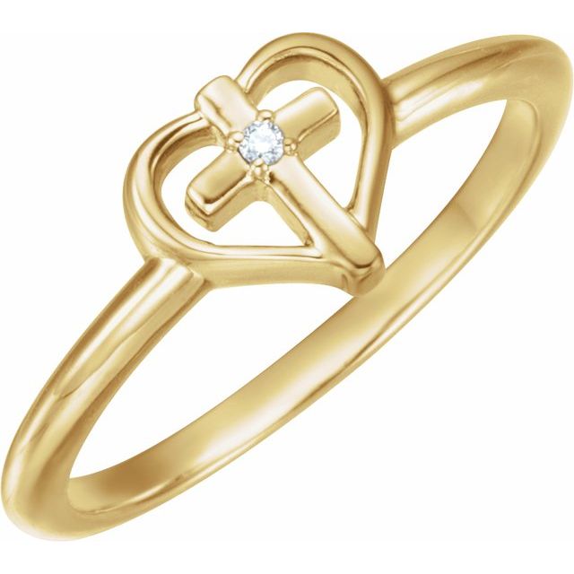 14K Yellow .01 CT Diamond Cross with Heart Ring
