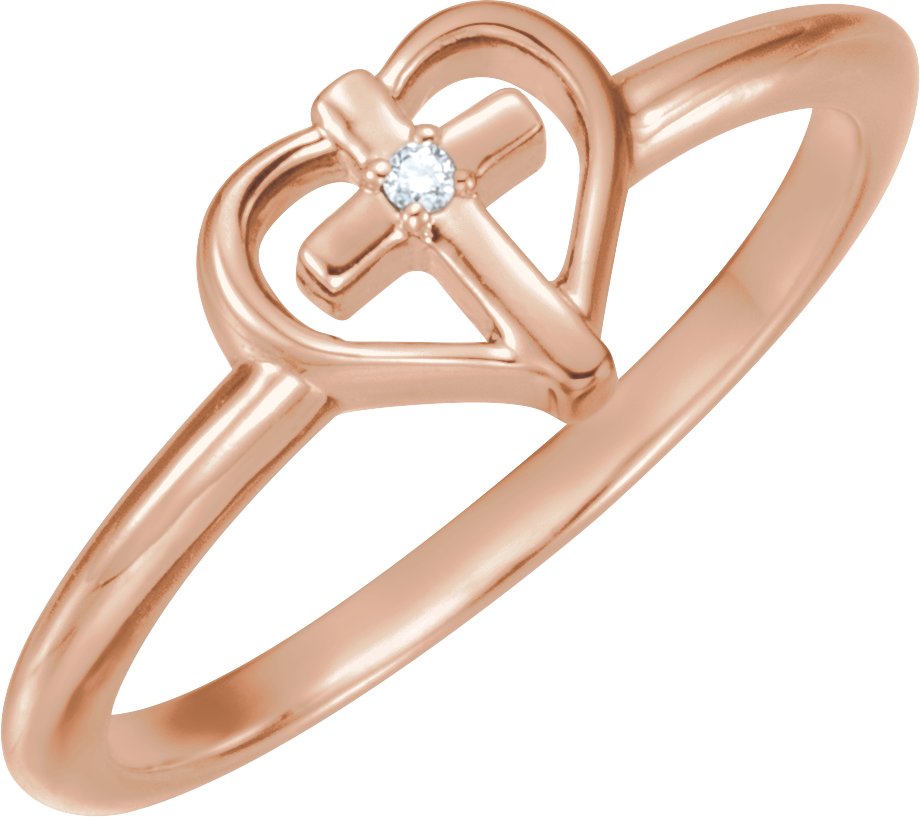 14K Rose .01 CT Diamond Cross with Heart Ring