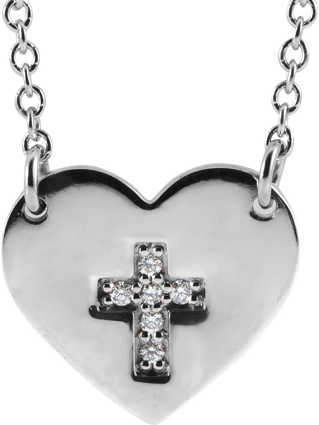 14K White .02 CTW Natural Diamond Heart & Cross 16-18" Necklace 