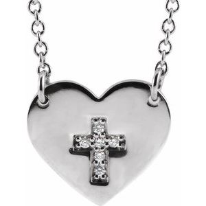 Sterling Silver .02 CTW Natural Diamond Heart & Cross 16-18" Necklace 