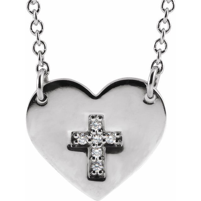 14K White .02 CTW Natural Diamond Heart & Cross 16-18