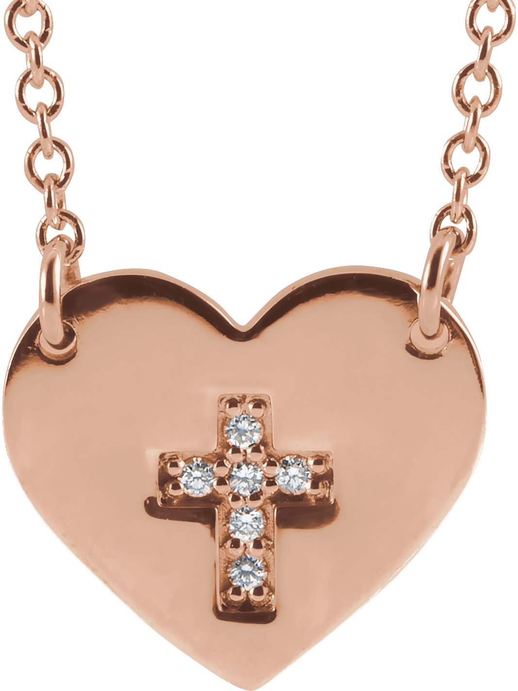 14K Rose .02 CTW Natural Diamond Heart & Cross 16-18" Necklace 