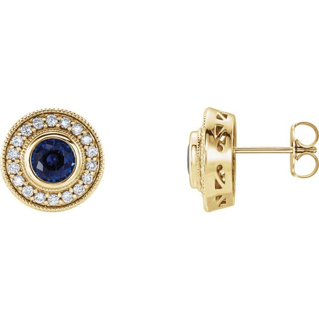 14K Yellow Lab-Grown Blue Sapphire & 1/3 CTW Natural Diamond Halo-Style Earrings