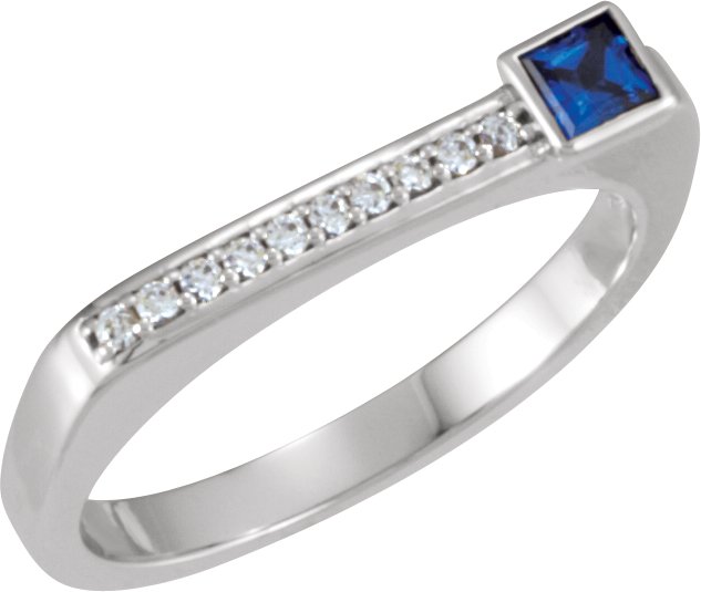 14K White Blue Sapphire & .08 CTW Diamond Stackable Ring