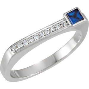 14K White Blue Sapphire & .08 CTW Diamond Stackable Ring