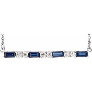 14K White Lab-Grown Blue Sapphire & 1/5 CTW Natural Diamond Bar 16-18" Necklace