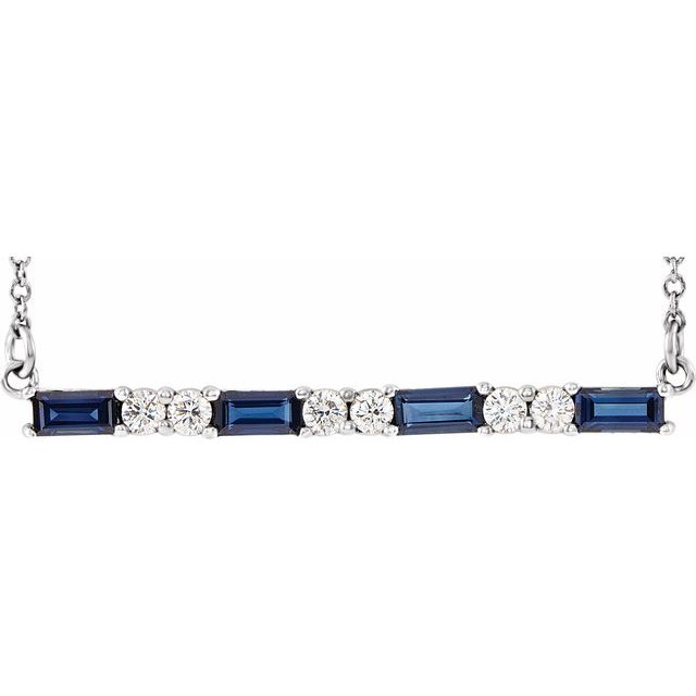 14K White Lab-Grown Blue Sapphire & 1/5 CTW Diamond Bar 16-18" Necklace   
