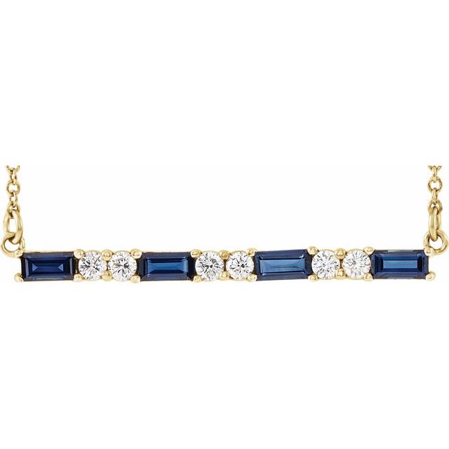14K Yellow Lab-Grown Blue Sapphire & 1/5 CTW Natural Diamond Bar 16-18" Necklace