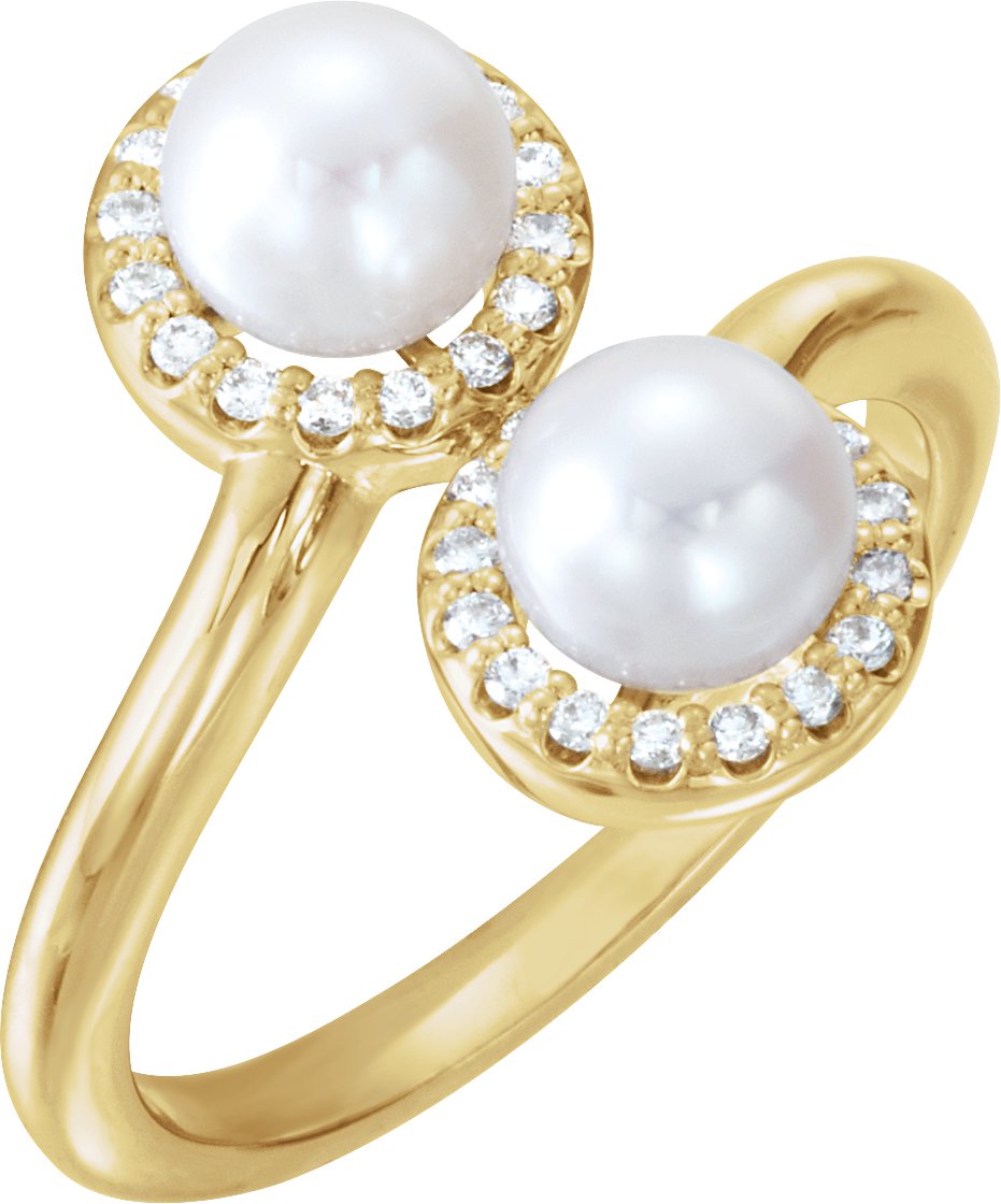 14K Yellow Cultured White Freshwater Pearl & 1/6 CTW Natural Diamond Ring  